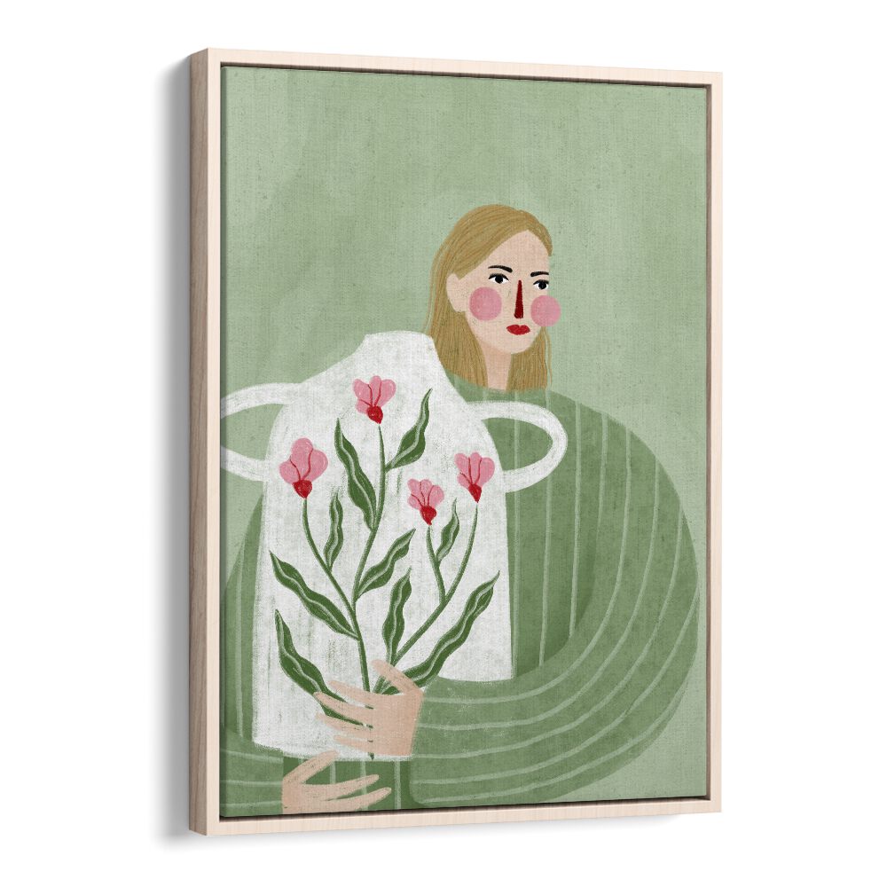 The Woman With Her Vase By Bea Muller Women Illustration Paintings in Oak Wood Floater Frame