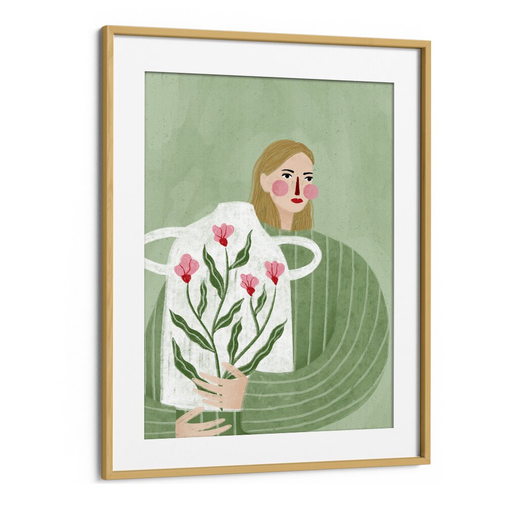 The Woman With Her Vase By Bea Muller Women Illustration Paintings in Oak Wood Frame With Mount