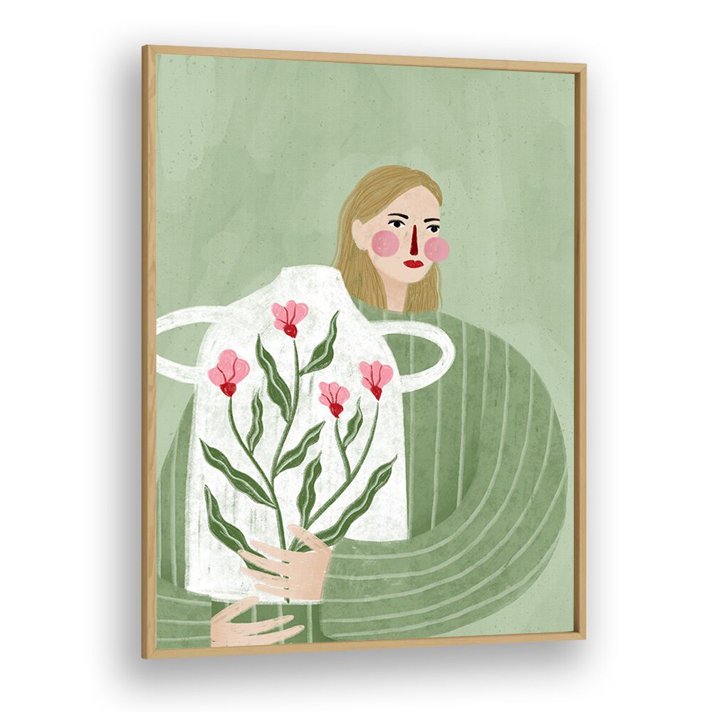 The Woman With Her Vase By Bea Muller Women Illustration Paintings in Oak Wood Plain Frame