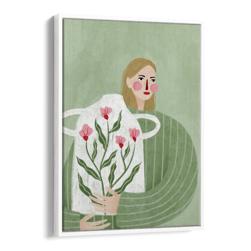 The Woman With Her Vase By Bea Muller Women Illustration Paintings in White Floater Frame