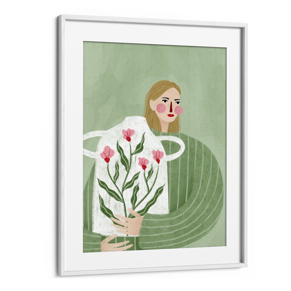 The Woman With Her Vase By Bea Muller Women Illustration Paintings in White Frame With Mount