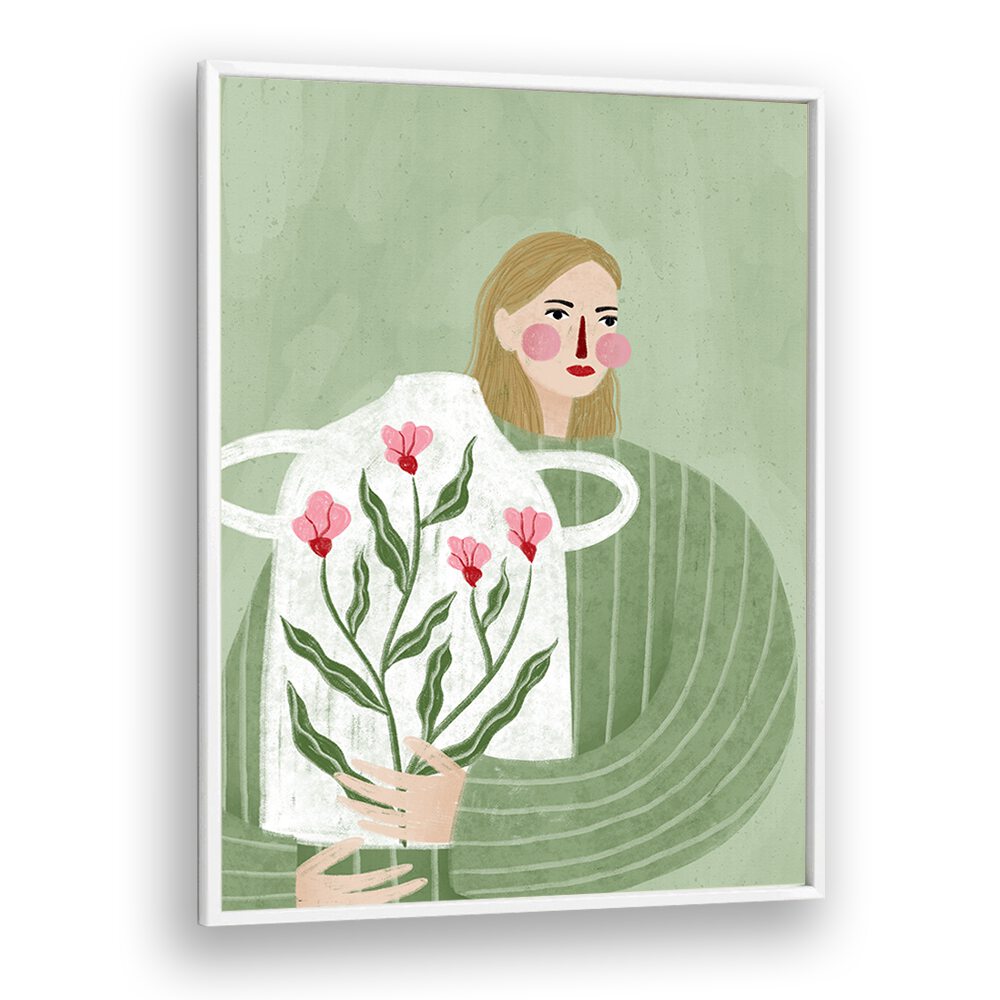 The Woman With Her Vase By Bea Muller Women Illustration Paintings in White Plain Frame