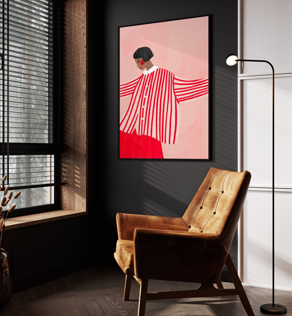 The Woman With Red Stripes By Bea Muller Women Illustration Paintings in Black Plain Frame on a grey wall beside an orange sofa