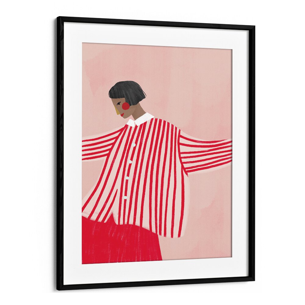 The Woman With Red Stripes By Bea Muller Women Illustration Paintings in Black Frame With Mount