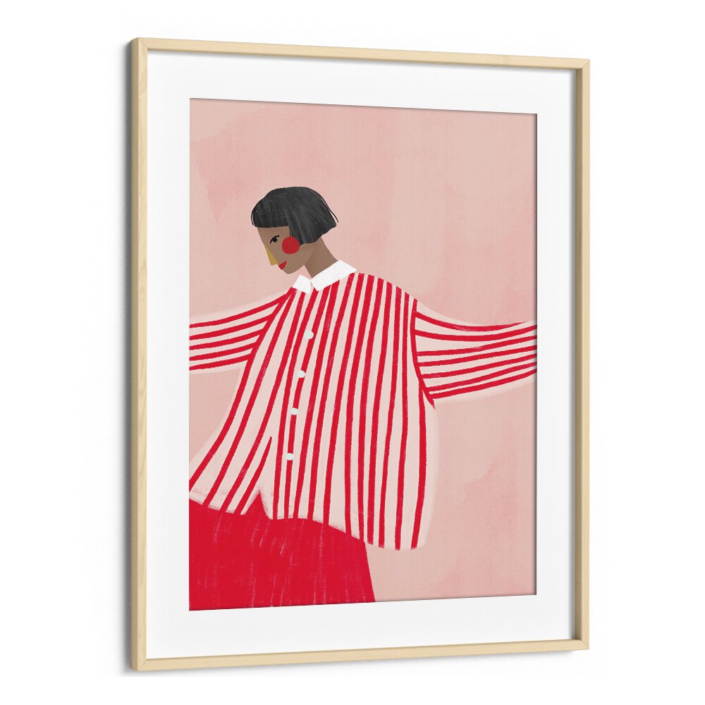 The Woman With Red Stripes By Bea Muller Women Illustration Paintings in Oak Wood Frame With Mount