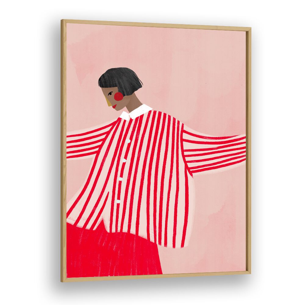 The Woman With Red Stripes By Bea Muller Women Illustration Paintings in Oak Wood Plain Frame