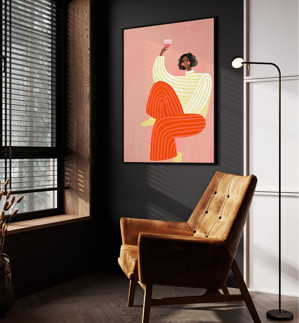 The Woman With The Glass Of Wine By Bea Muller Women Illustration Paintings in Black Plain Frame on a wall beside an orange sofa