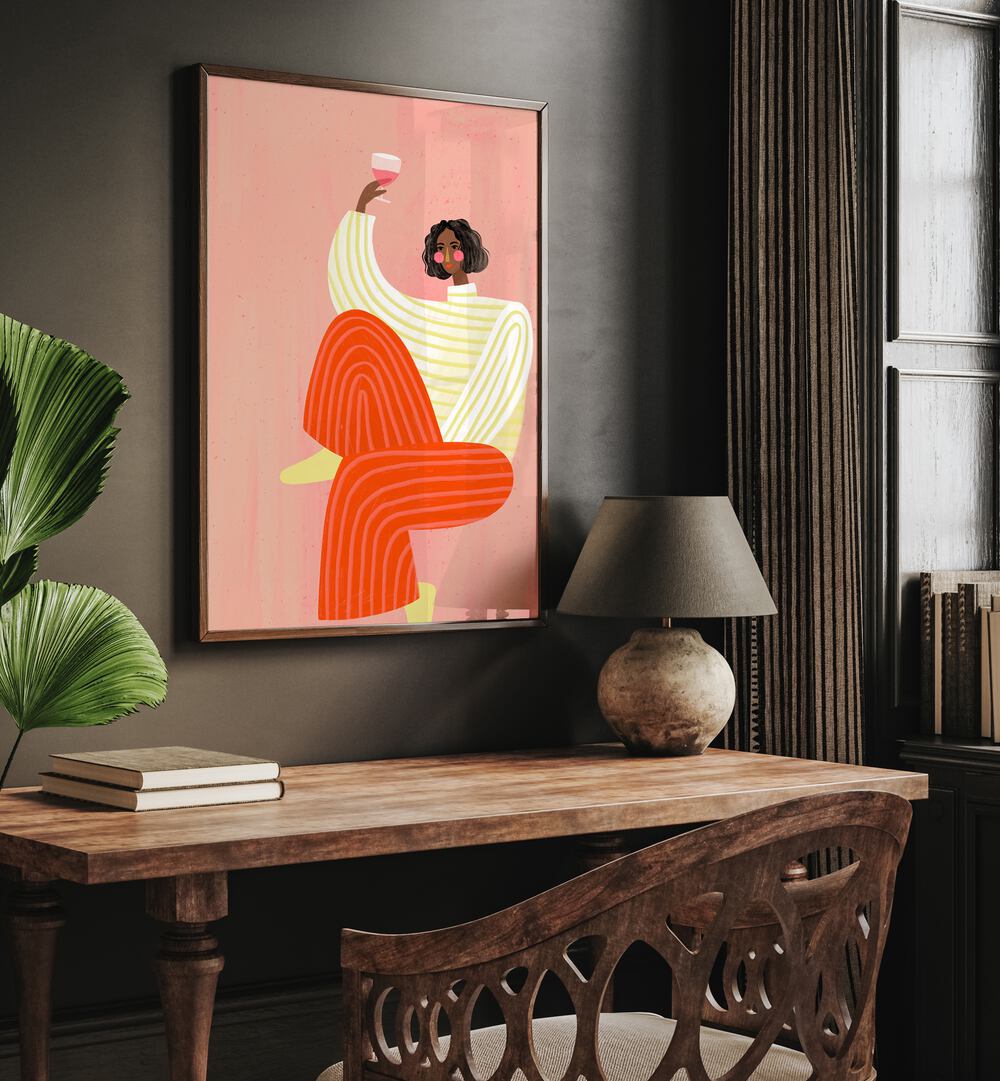 The Woman With The Glass Of Wine By Bea Muller Women Illustration Paintings in Dark Wood Plain Frame on a wall above a study table beside a plant