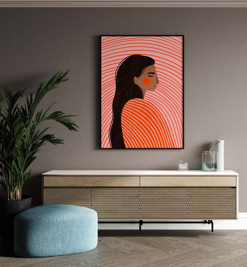 The Woman With The Lines By Bea Muller Women Illustration Paintings in Black Plain Frame on a wall above a console table beside a plant