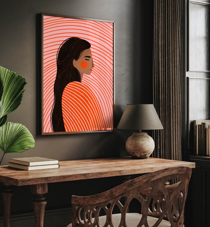 The Woman With The Lines By Bea Muller Women Illustration Paintings in Dark Wood Plain Frame on a wall above a study table beside a plant