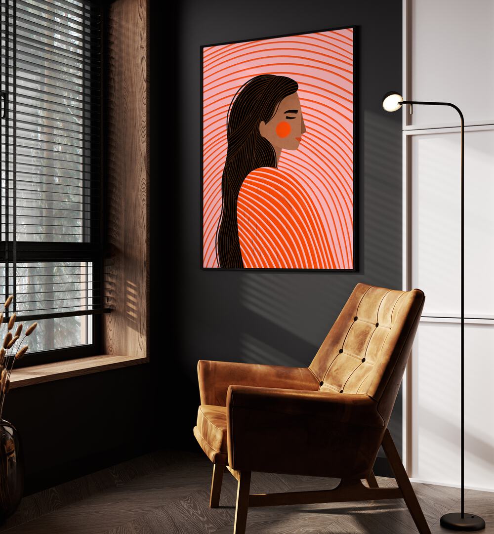 The Woman With The Lines By Bea Muller Women Illustration Paintings in Black Plain Frame on a wall beside an orange sofa