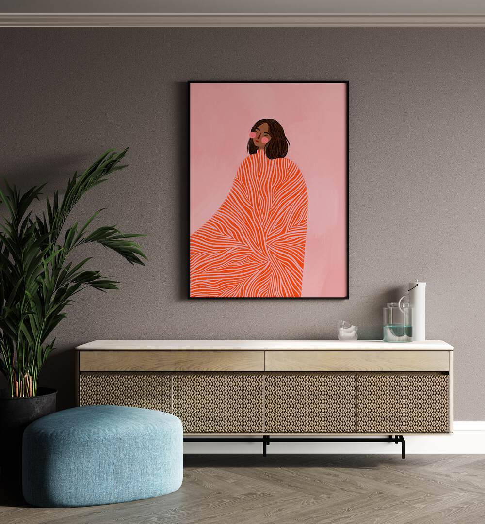 The Woman With The Swirls By Bea Muller Women Illustration Paintings in Black Plain Frame on a beige wall above a console table beside a plant 