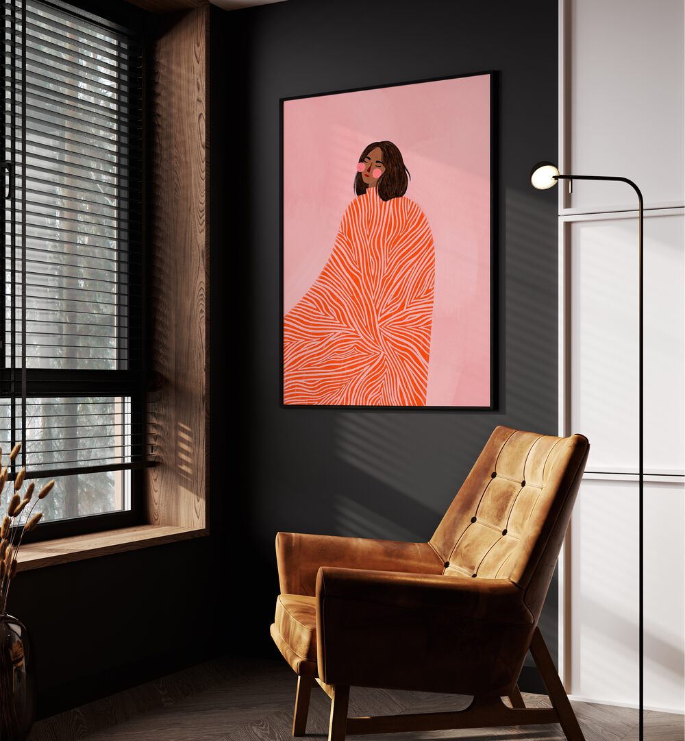 The Woman With The Swirls By Bea Muller Women Illustration Paintings in Black Plain Frame on a  wall beside an orange sofa 