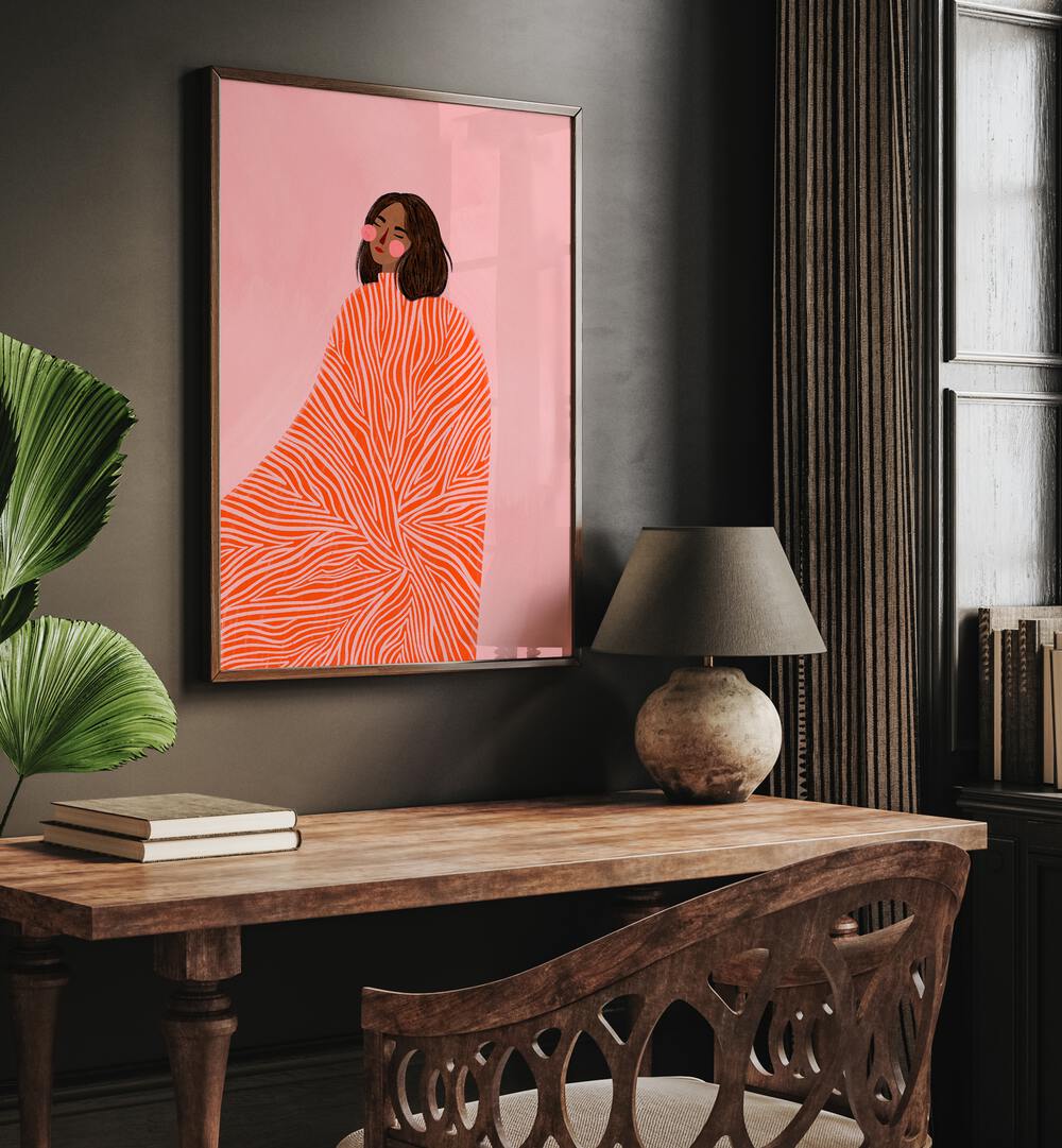 The Woman With The Swirls By Bea Muller Women Illustration Paintings in Dark Wood Plain Frame on a wall above a study table beside a plant