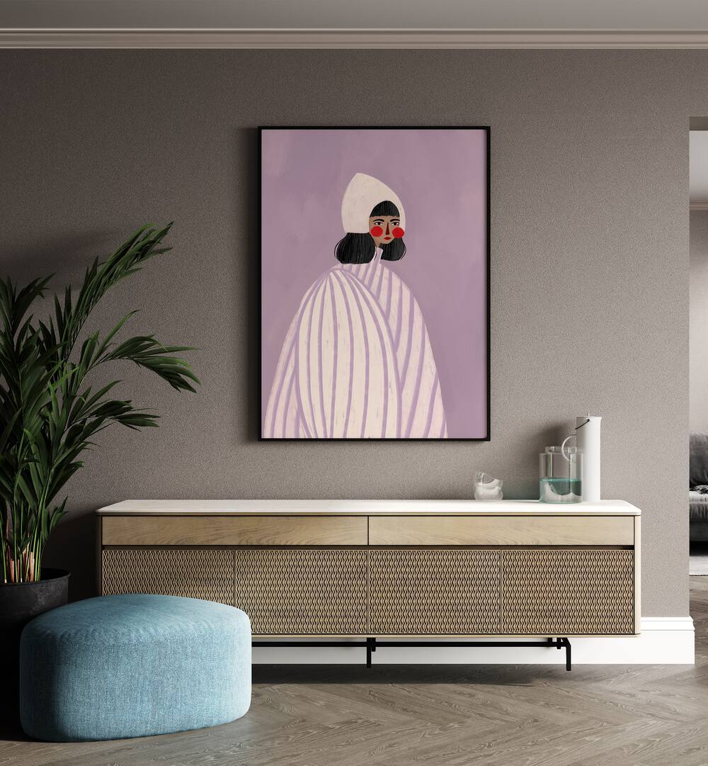 The Woman With The White Hat By Bea Muller Women Illustration Paintings in Black Plain Frame on a beige wall above a console table beside a plant