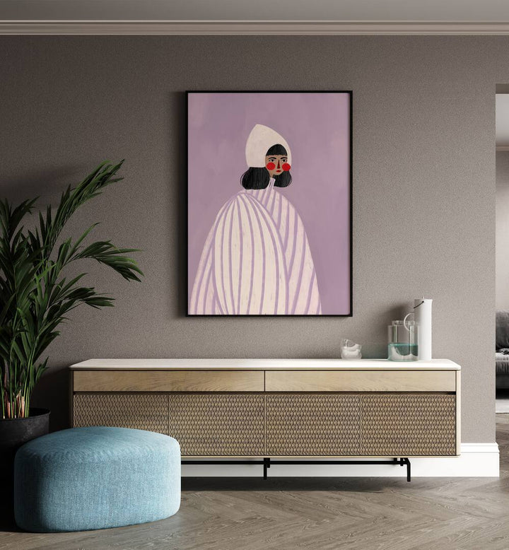 The Woman With The White Hat By Bea Muller Women Illustration Paintings in Black Plain Frame on a beige wall above a console table beside a plant