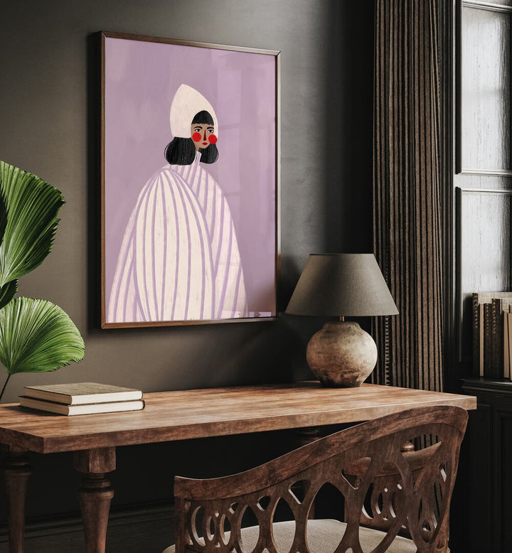 The Woman With The White Hat By Bea Muller Women Illustration Paintings in Dark Wood Plain Frame on a grey wall above a study table beside a plant