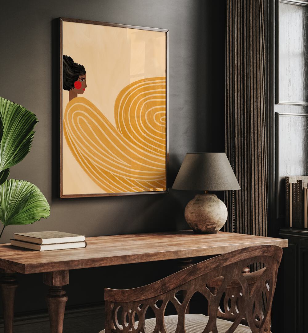 The Woman With The Yellow Stripes By Bea Muller Women Illustration Paintings in Dark Wood Plain Frame on a wall above a console table beside a plant