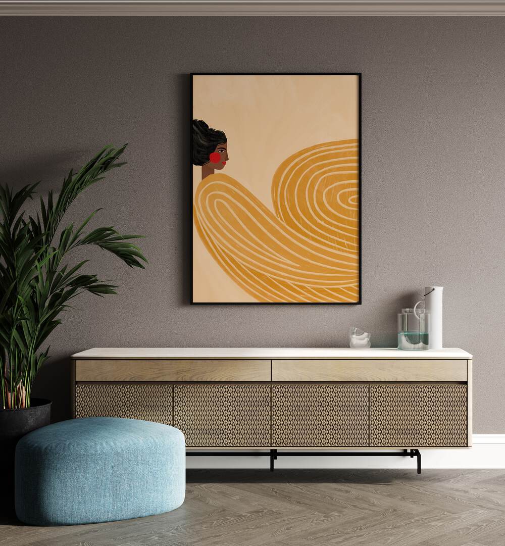 The Woman With The Yellow Stripes By Bea Muller Women Illustration Paintings in Black Plain Frame on a beige wall above a console table beside a plant