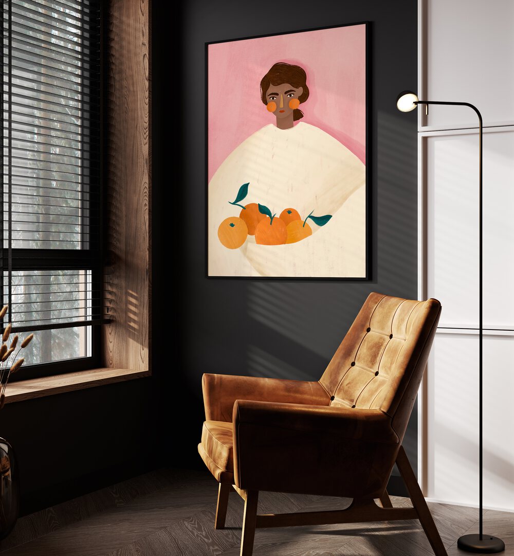 The Woman With the Oranges By Bea Muller Women Illustration Paintings in Black Plain Frame on a grey wall beside an orange sofa