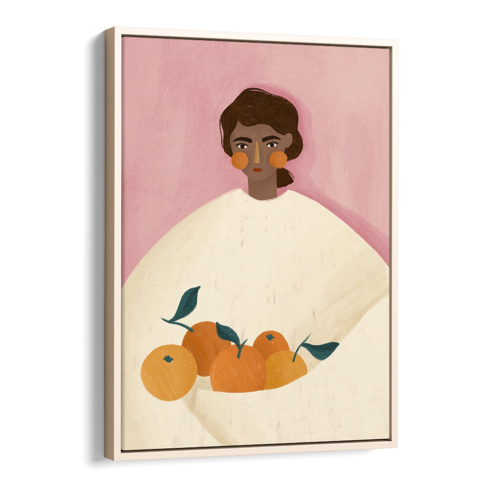 The Woman With the Oranges By Bea Muller Women Illustration Paintings in Oak Wood Floater Frame