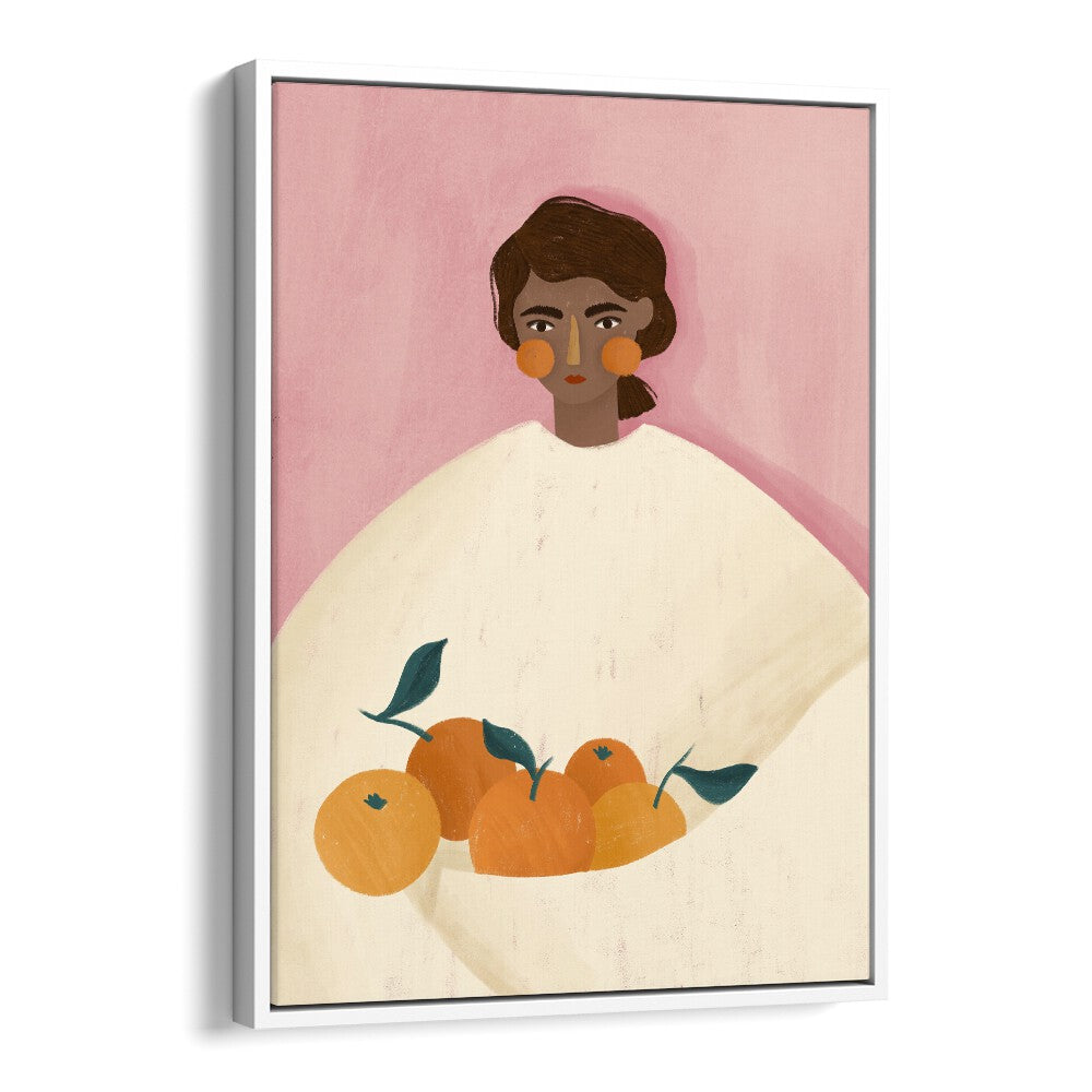 The Woman With the Oranges By Bea Muller Women Illustration Paintings in White Floater Frame