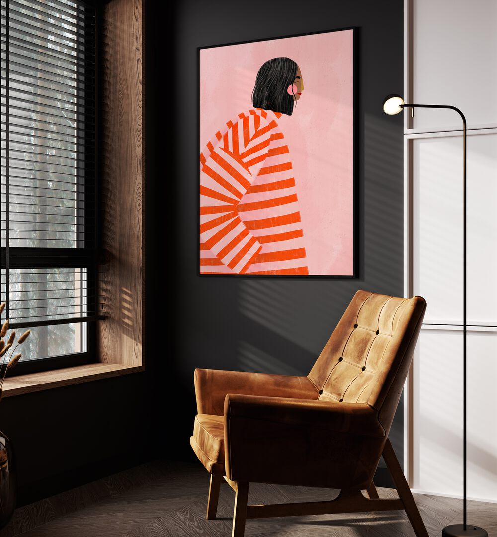 The Woman With the Ornage Stripes By Bea Muller Women Illustration Paintings in Black Plain Frame on a wall beside an orange sofa