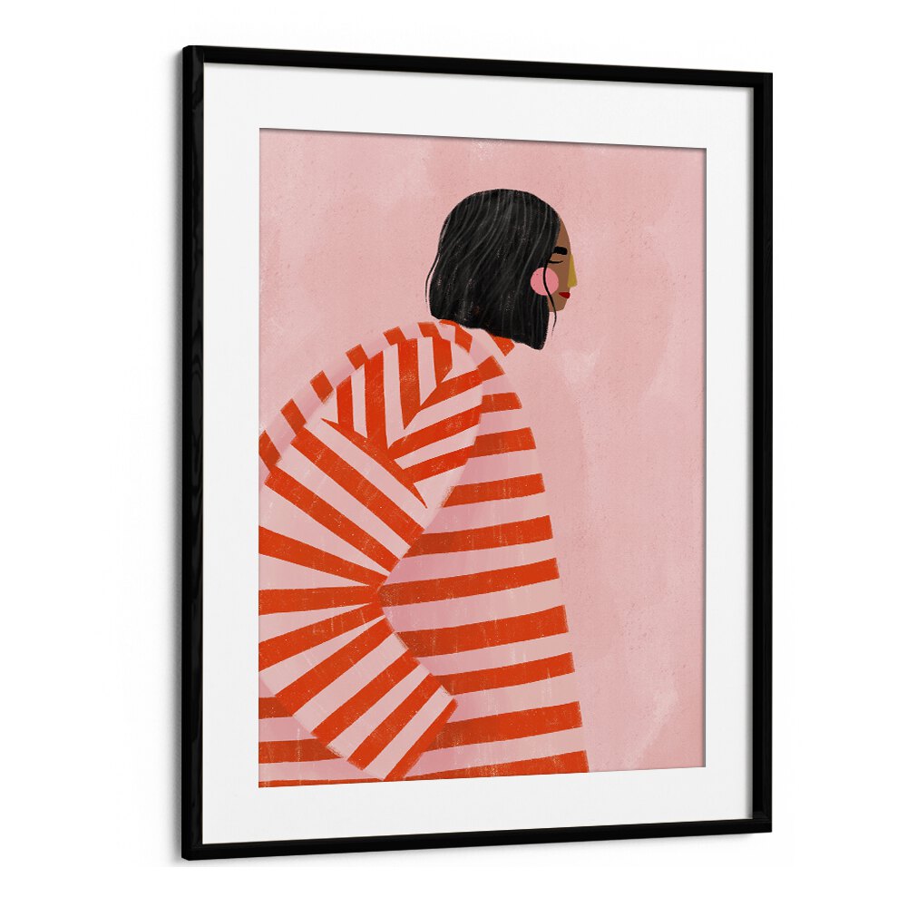 The Woman With the Ornage Stripes By Bea Muller Women Illustration Paintings in Black Frame With Mount