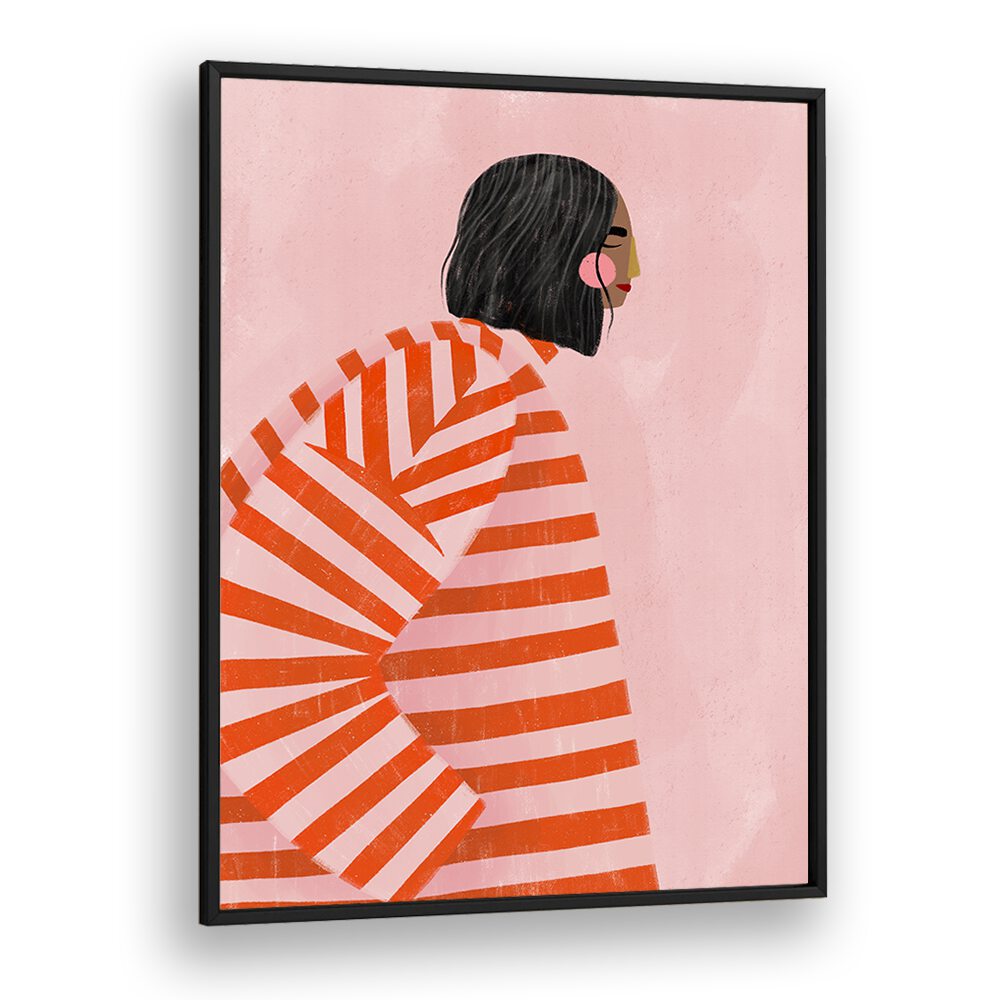 The Woman With the Ornage Stripes By Bea Muller Women Illustration Paintings in Black Plain Frame