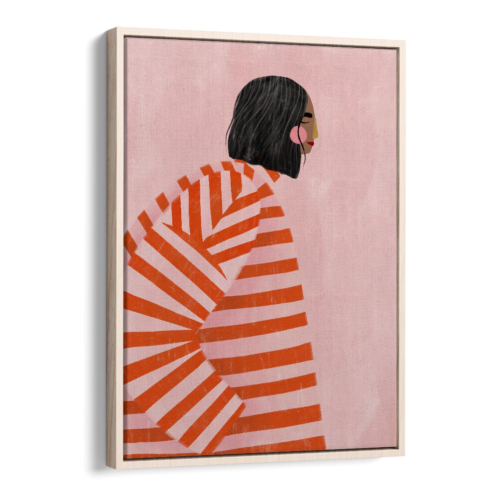 The Woman With the Ornage Stripes By Bea Muller Women Illustration Paintings in Oak Wood Floater Frame