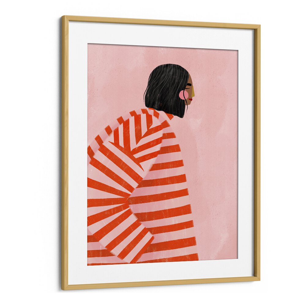 The Woman With the Ornage Stripes By Bea Muller Women Illustration Paintings in Oak Wood Frame With Mount