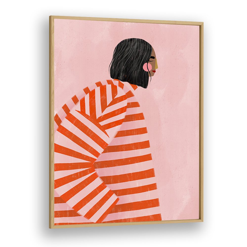 The Woman With the Ornage Stripes By Bea Muller Women Illustration Paintings in Oak Wood Plain Frame