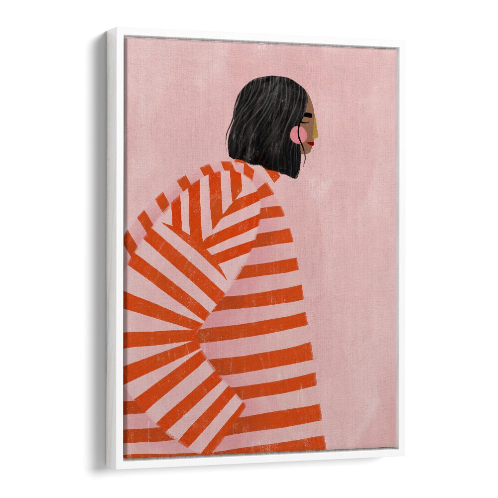 The Woman With the Ornage Stripes By Bea Muller Women Illustration Paintings in White Floater Frame