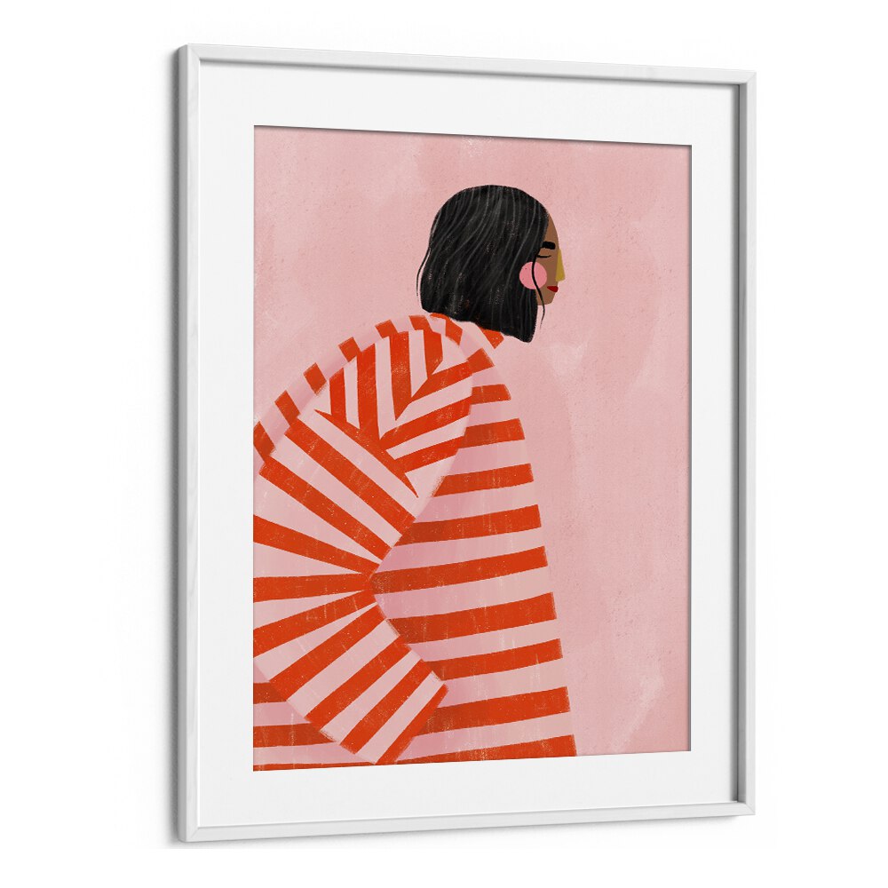 The Woman With the Ornage Stripes By Bea Muller Women Illustration Paintings in White Frame With Mount