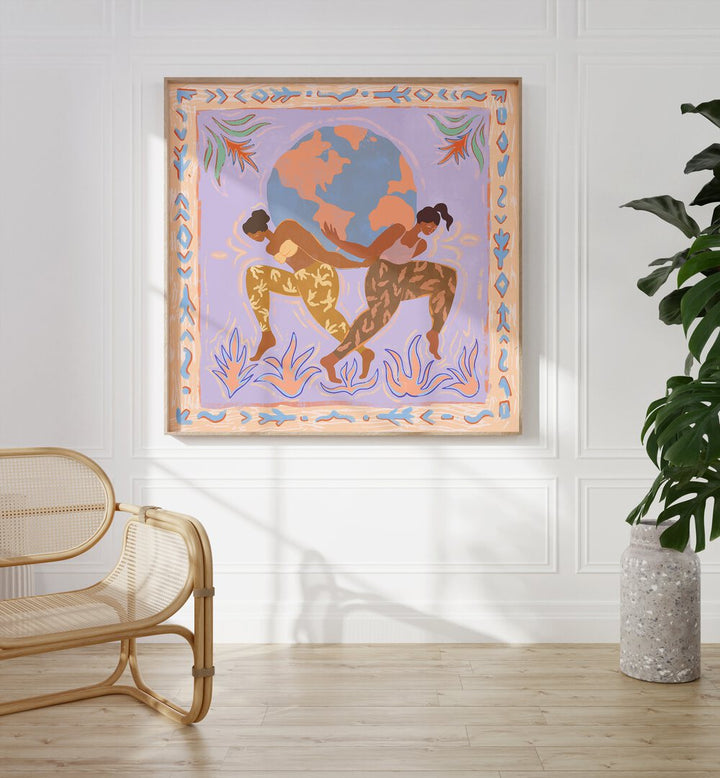 The World By Arty Guava Wall Art Prints in Oak Wood Plain Frame placed on a White Colored Wall in the Drawing Room 