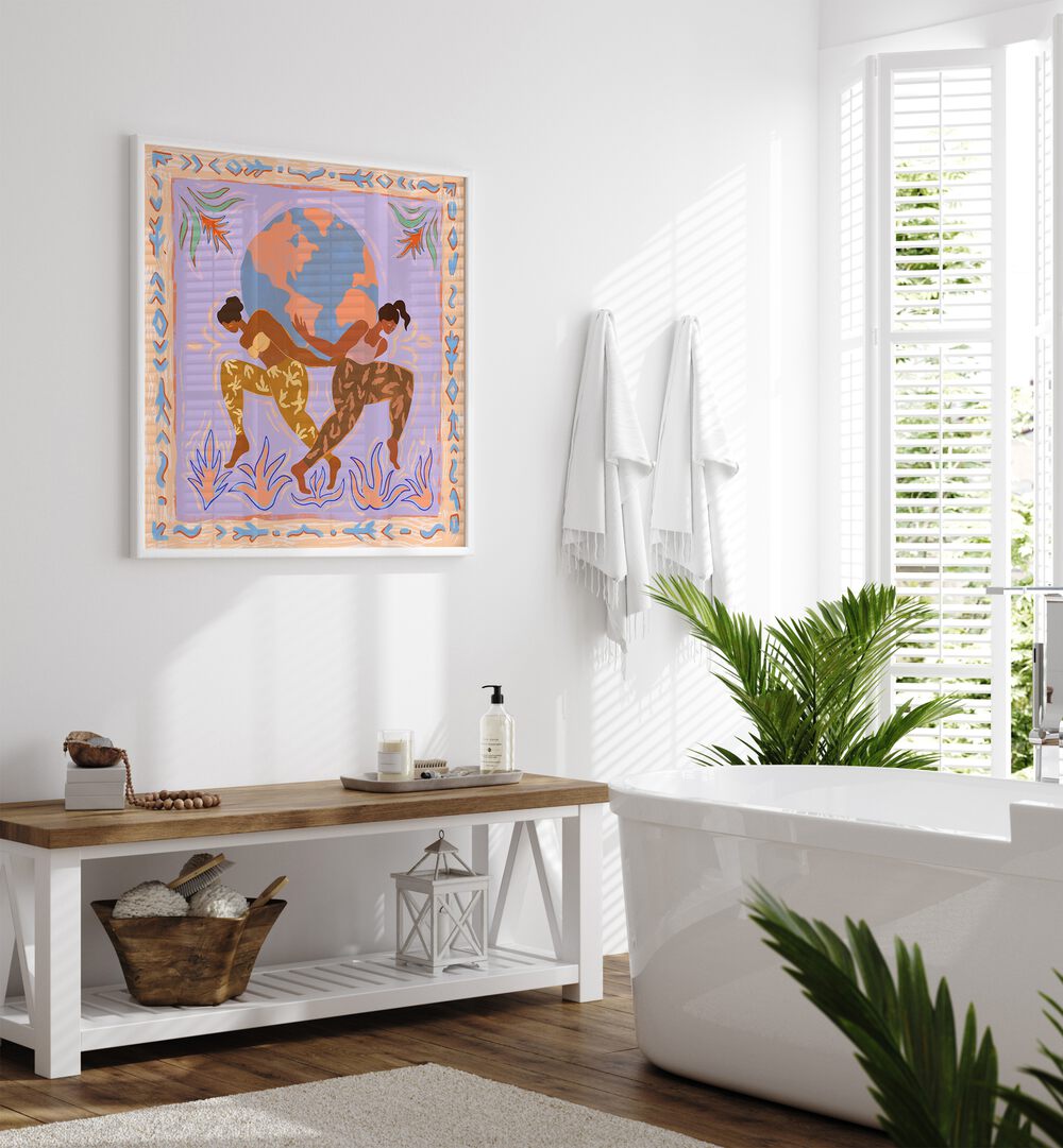 The World By Arty Guava Wall Art Prints in White Plain Frame placed on a White Colored Wall near a Bathtub in the Bathroom