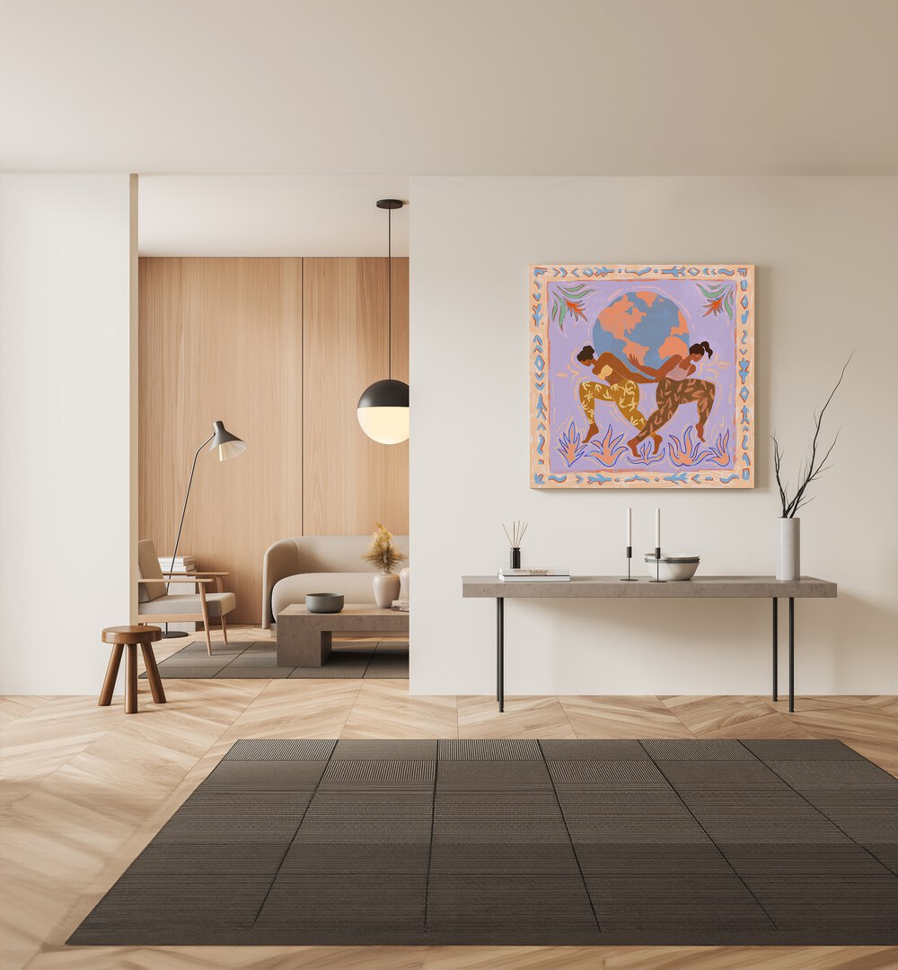 The World By Arty Guava Wall Art Prints in Gallery Wrap placed on a Cream Colored Wall above a Table in the Drawing Room