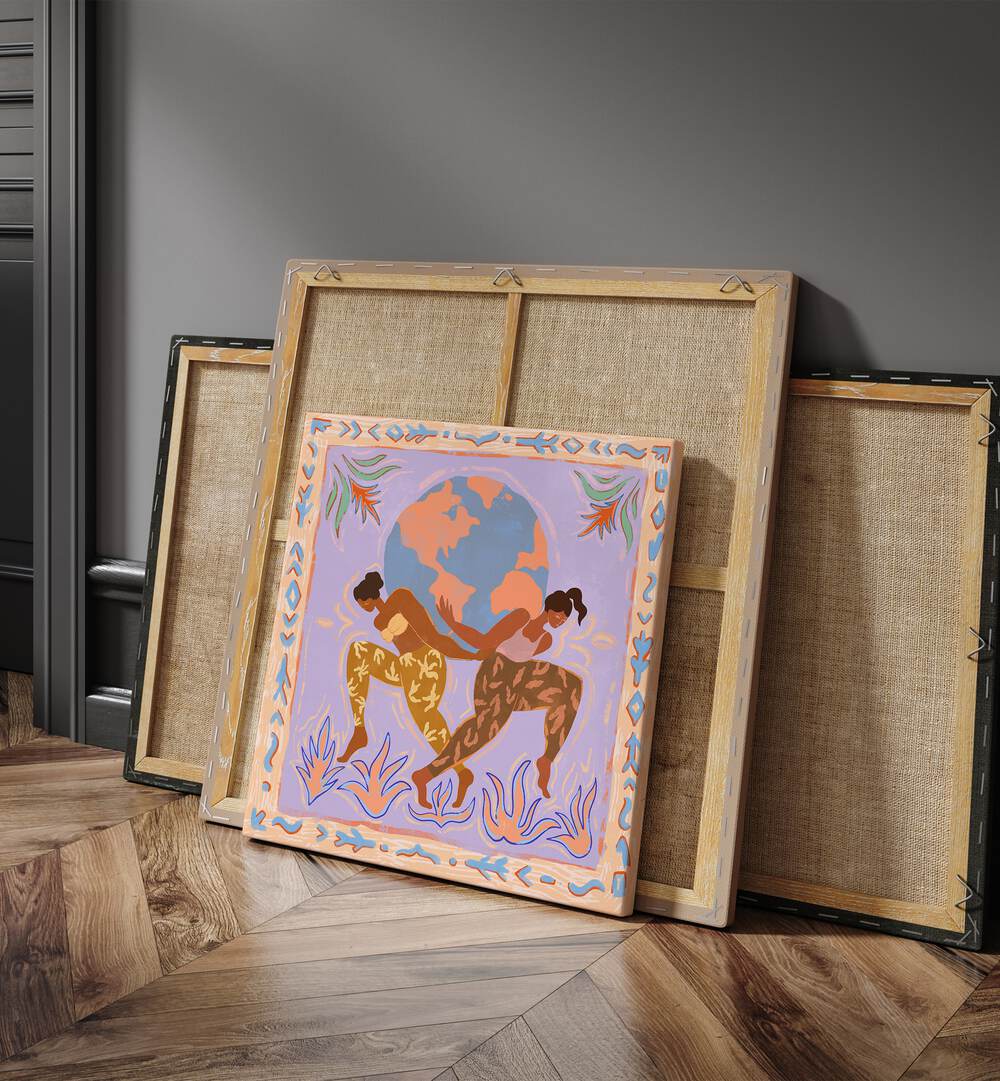 The World By Arty Guava Wall Art Prints in Gallery Wrap placed on the floor in the Drawing Room