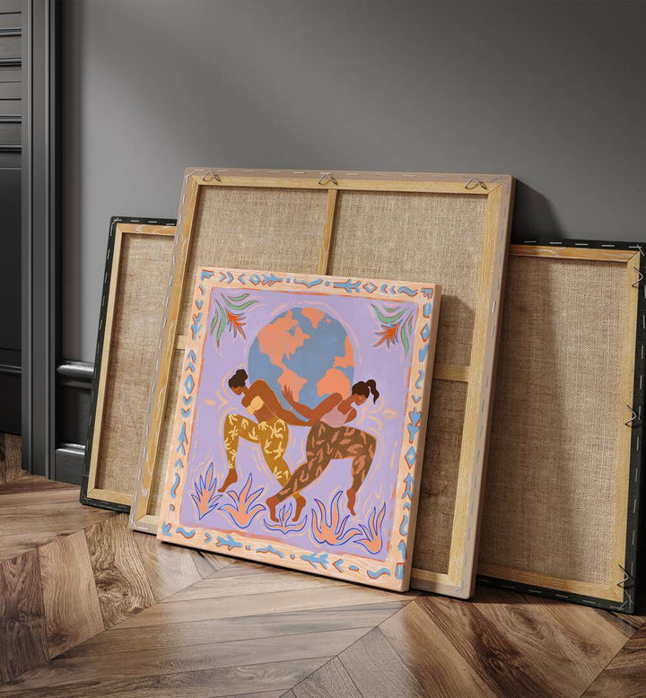 The World By Arty Guava Wall Art Prints in Gallery Wrap placed on the floor in the Drawing Room