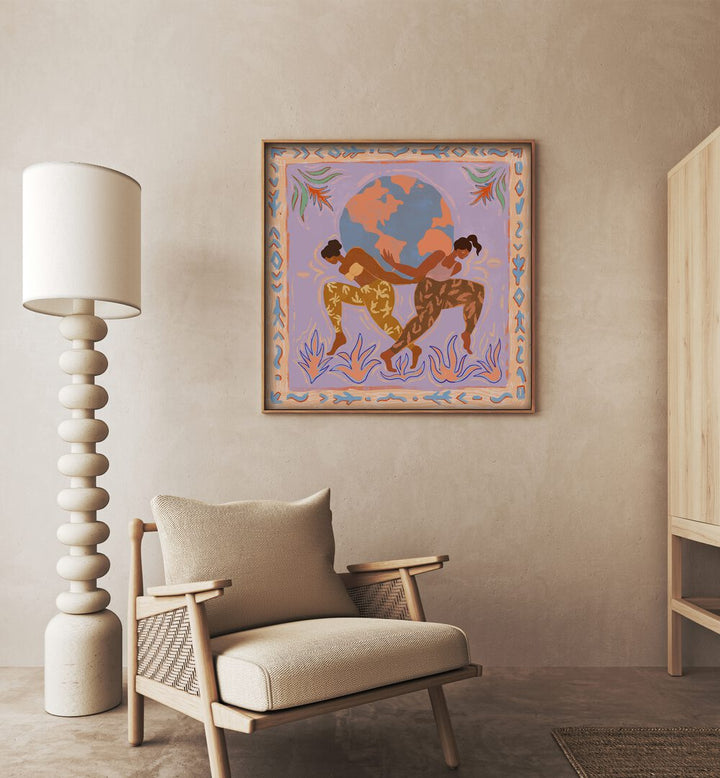 The World By Arty Guava Wall Art Prints in Oak Wood Plain Frame placed on a Beige Colored Wall in the Drawing Room