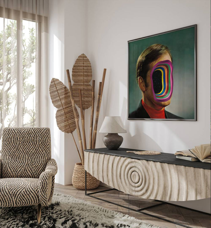 The World of Kenneth Mckellar by Famous When Dead Pop Art Paintings Pop Art Prints in Black Plain Frame placed on a wall behind a console table