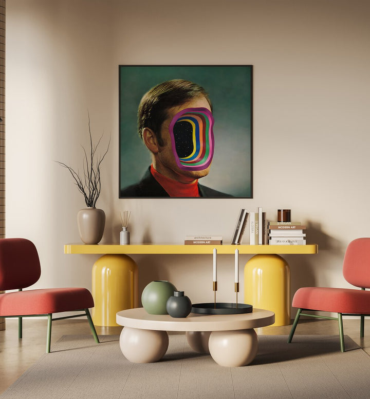 The World of Kenneth Mckellar by Famous When Dead Pop Art Paintings Pop Art Prints in Black Plain Frame placed on a wall behind a table