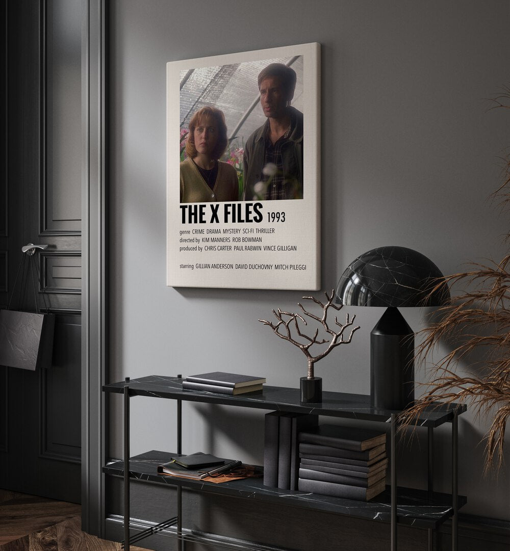 The X Files 1993 Movie Posters in Gallery Wrap placed on a wall behind a table and beside a door