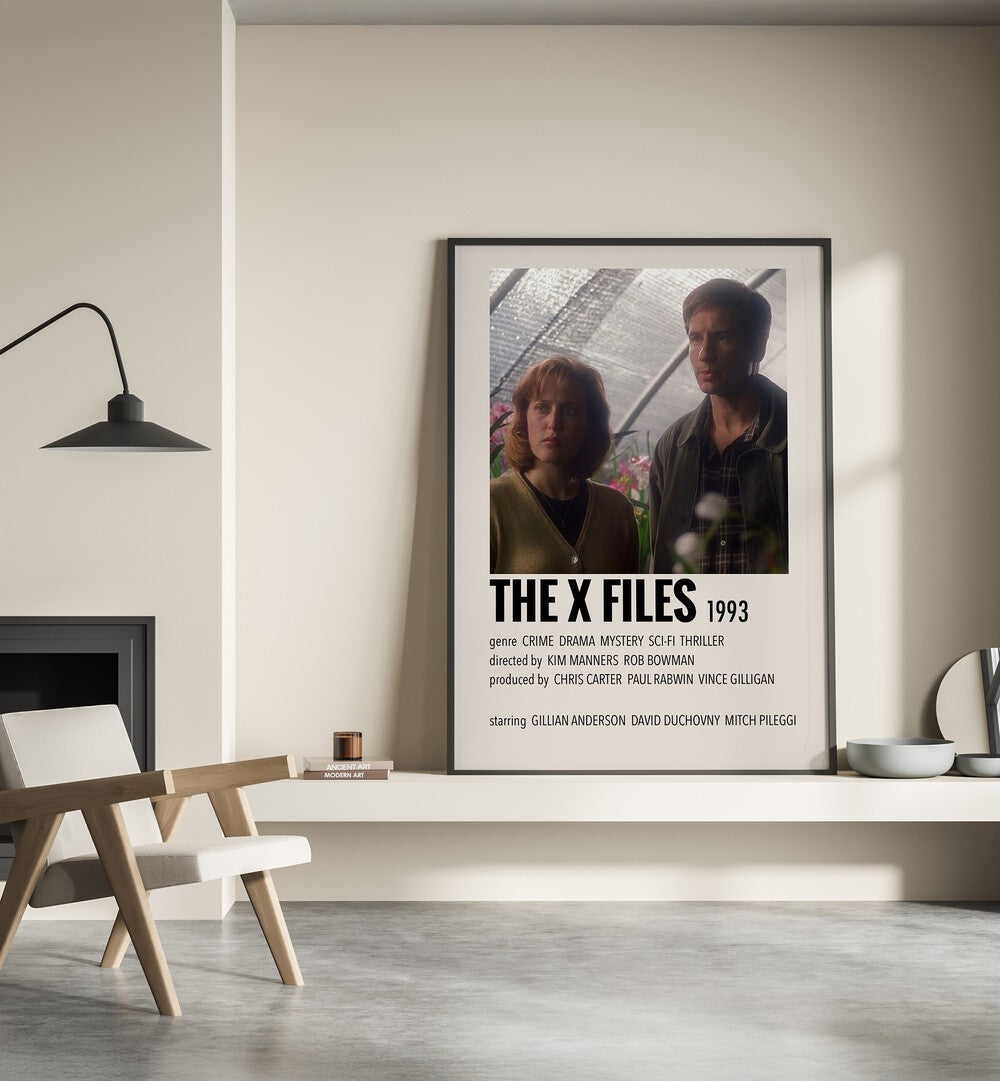 The X Files 1993 Movie Posters in Black Plain Frame placed on a shelf beside a hearth