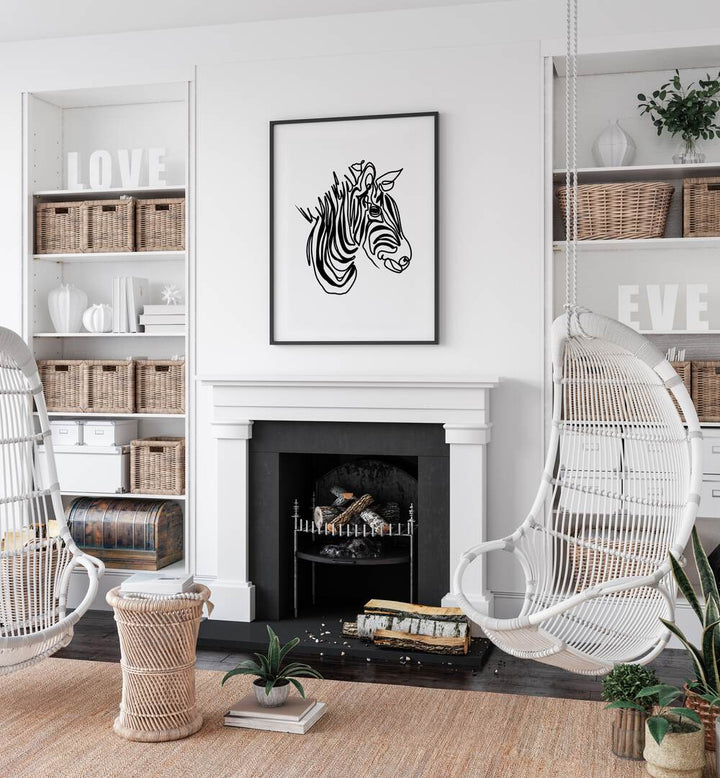 The Zebra by Hanna Lee Tidd Line Art Paintings Line Art Prints in Black Plain Frame placed on a wall above a fire place