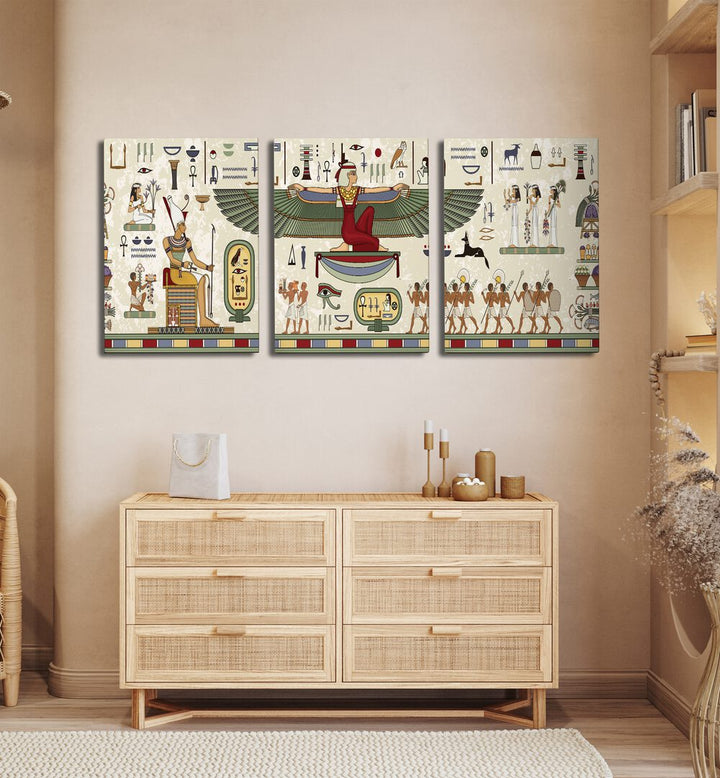 Thebes Framed Set Set Of 3 Paintings in Gallery Wrap placed on the wall behind a console table