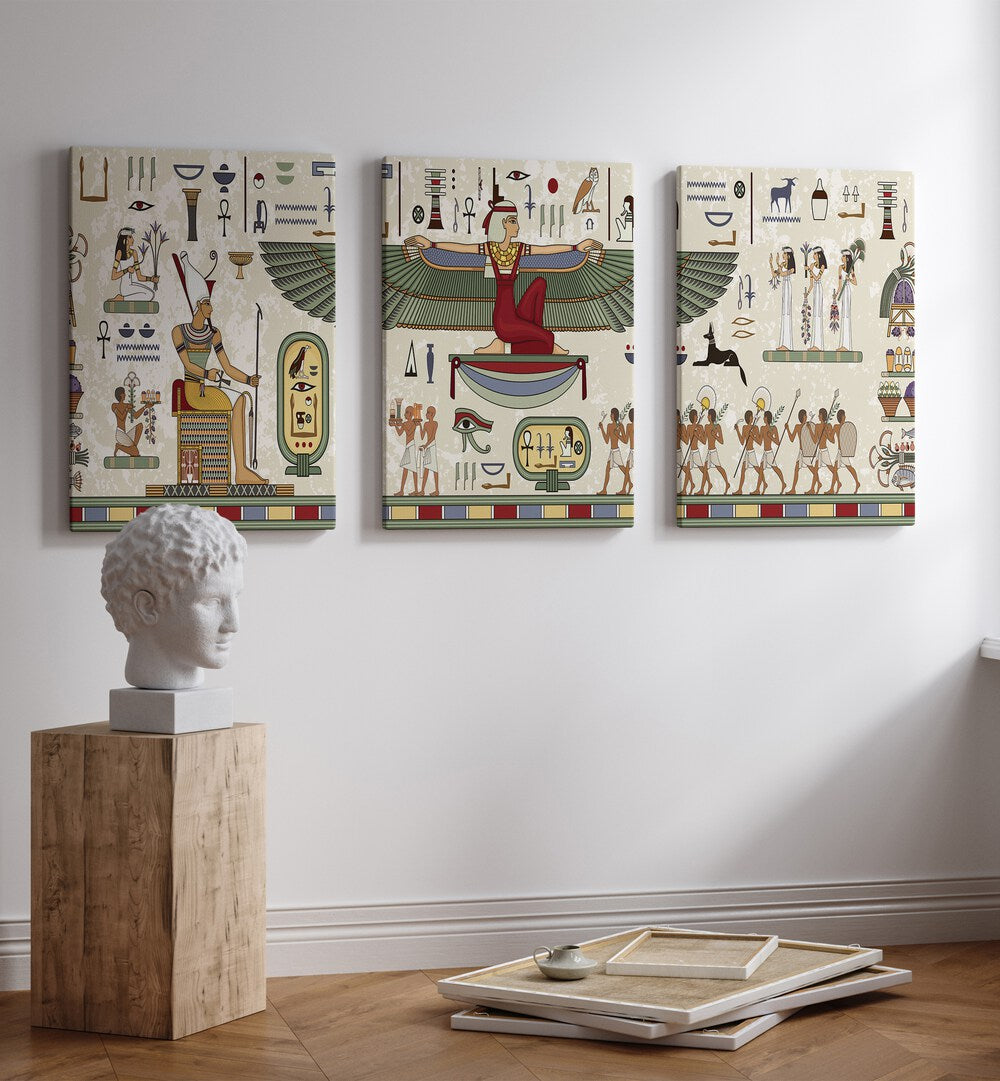 Thebes Framed Set Set Of 3 Paintings in Gallery Wrap placed on a wall beside an art installation