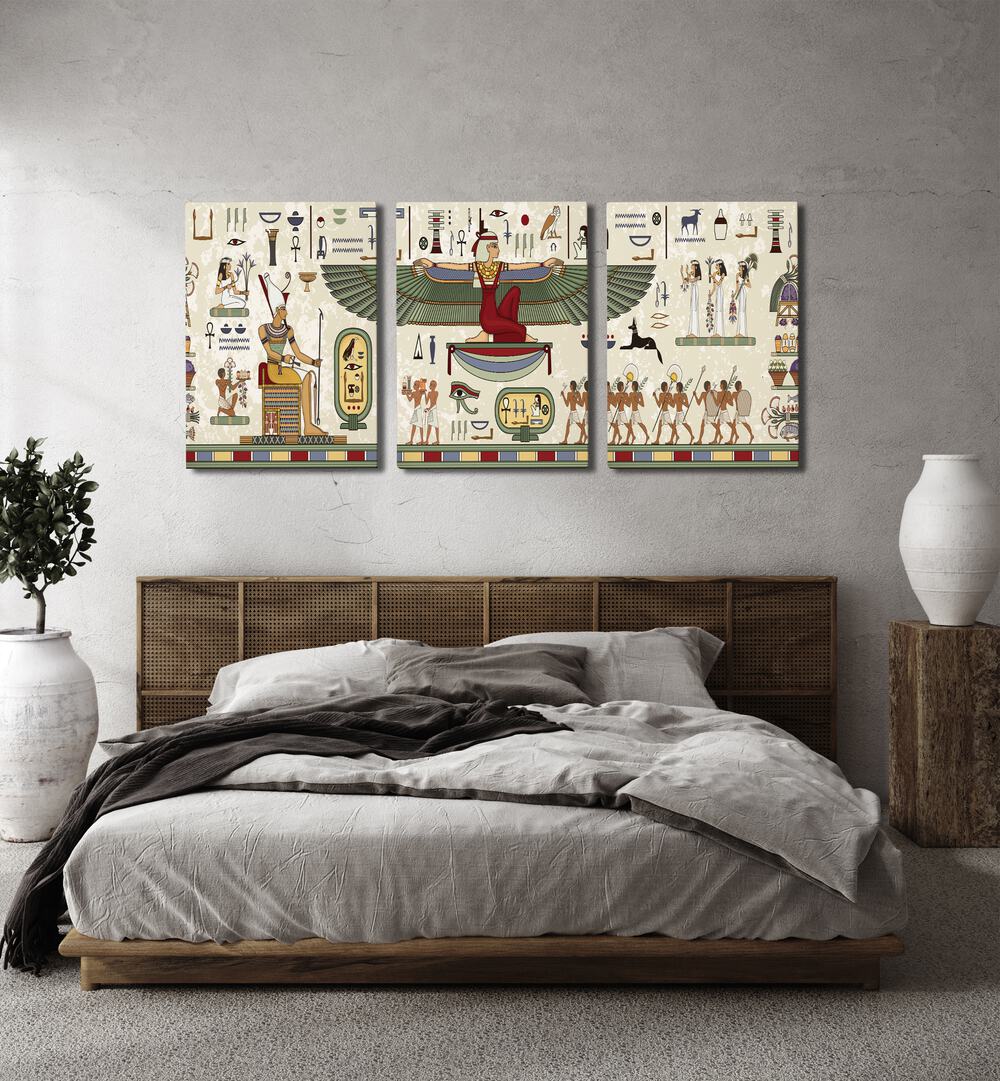 Thebes Framed Set Set Of 3 Paintings in Gallery Wrap placed on a wall behind a bed for bedroom