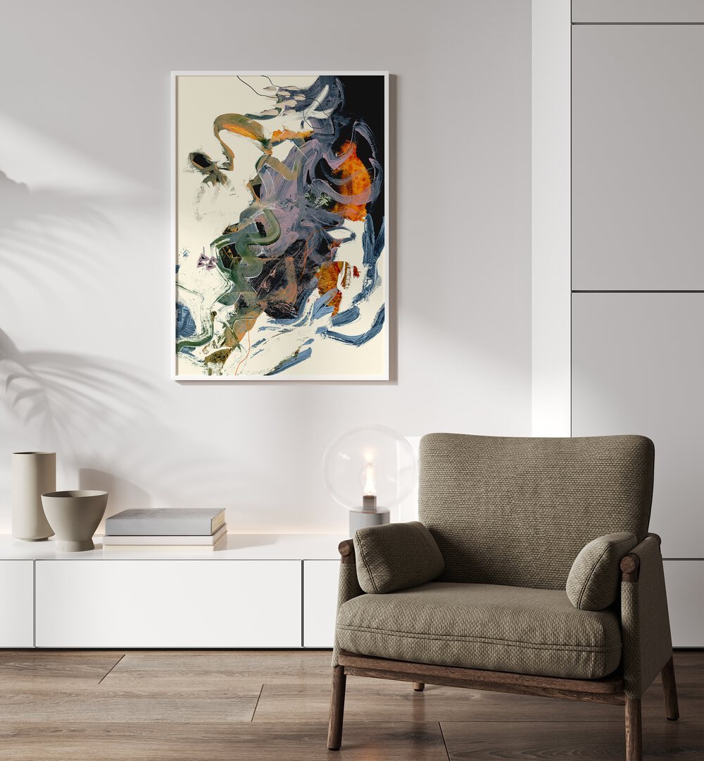 Theone By Dan Hobday Abstract Art Abstract Paintings in White Plain Frame placed on a White Colored Wall above a Console Table in the Drawing Room