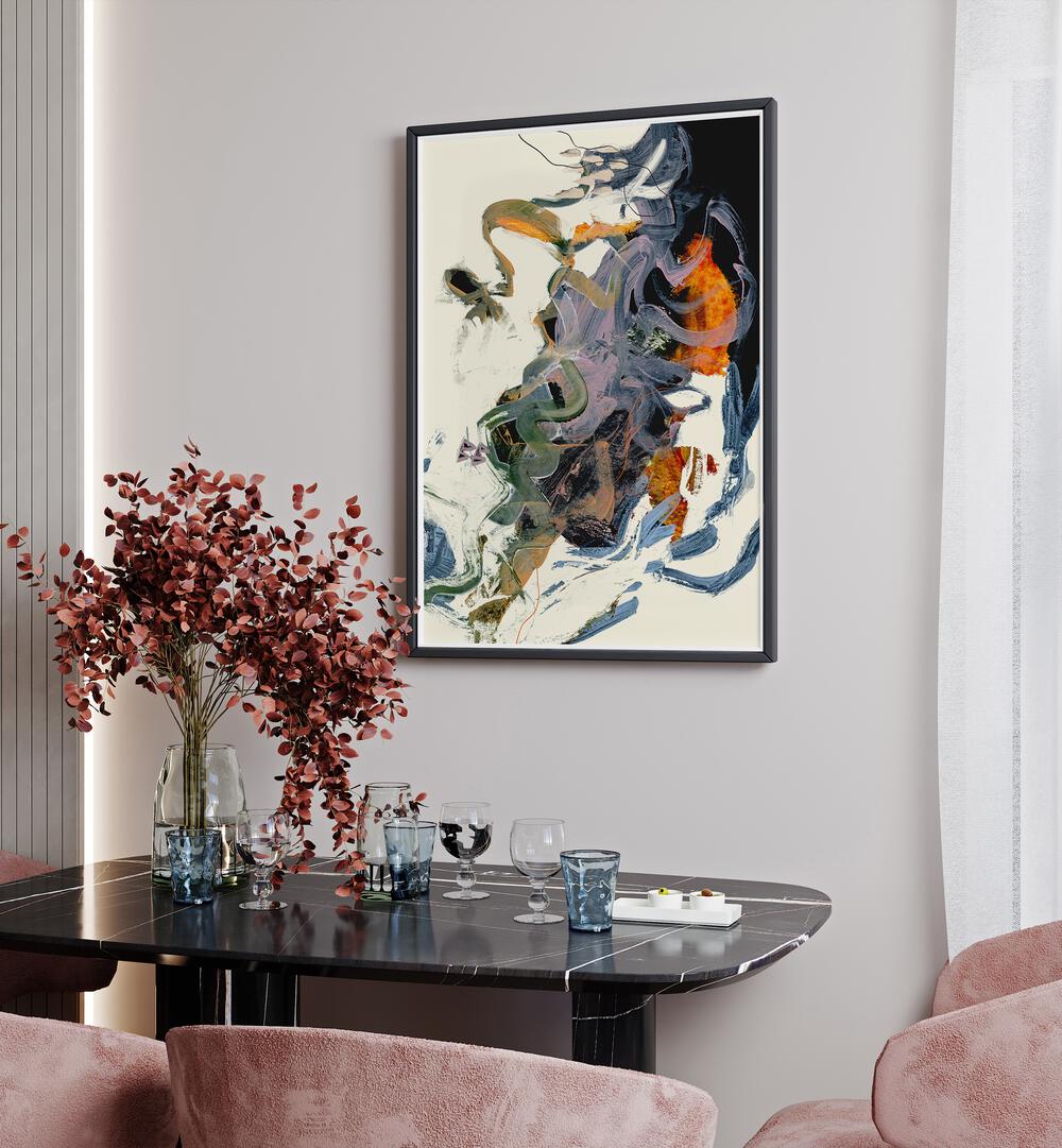 Theone By Dan Hobday Abstract Art Abstract Paintings in Black Plain Frame placed on a White Colored Wall near a Dining Table in the Dining Room